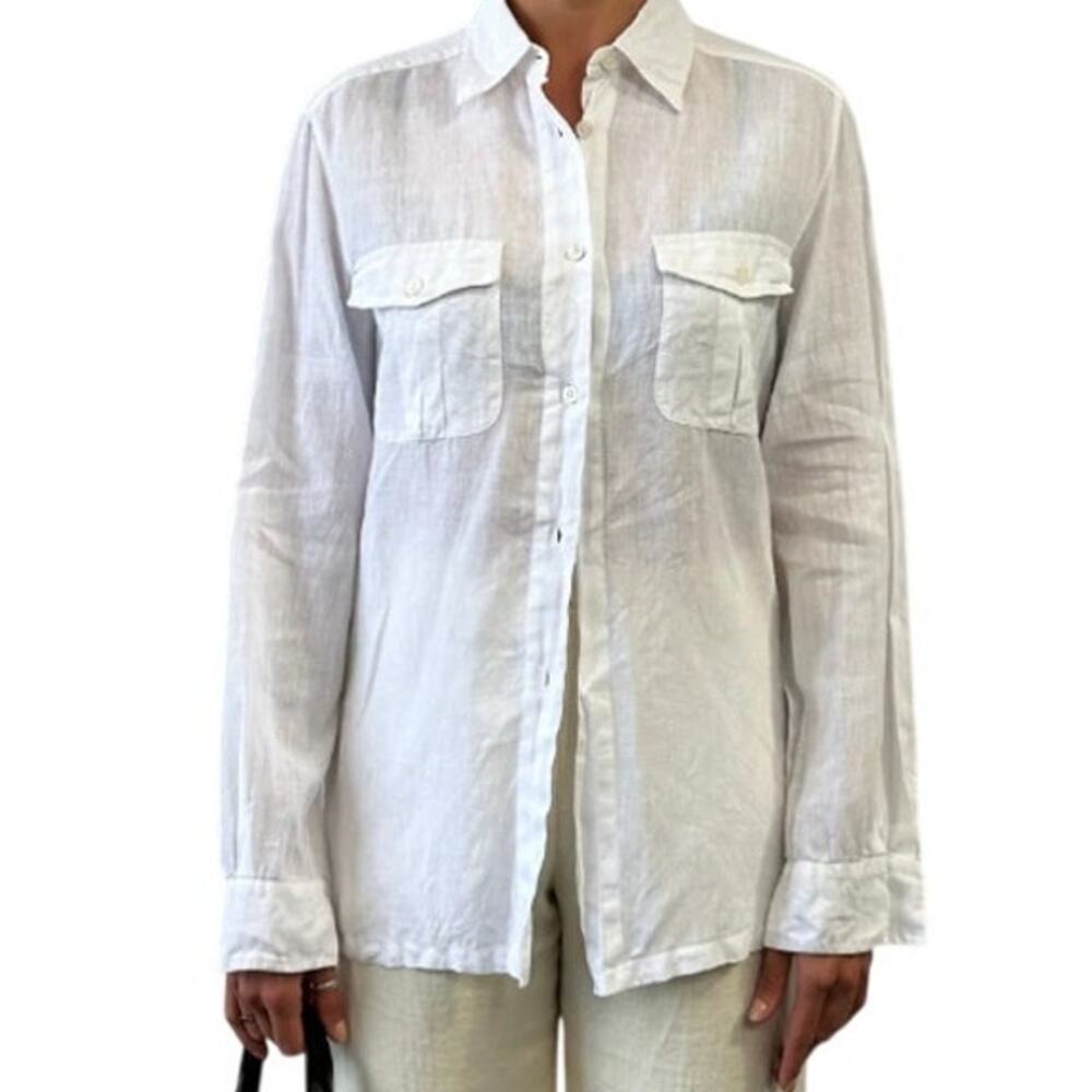 Max Mara  Linen Three-Quarter Sleeve Button-Up Top